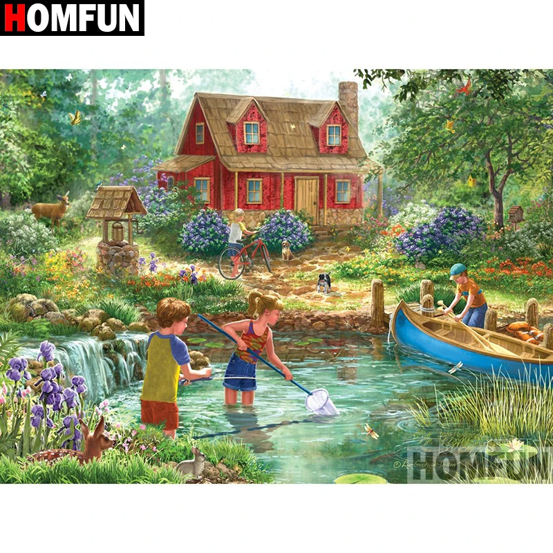 Алмазная живопись HOMFUN A18012 полноразмерная/круглая вышивка Домашний пейзаж 5D для