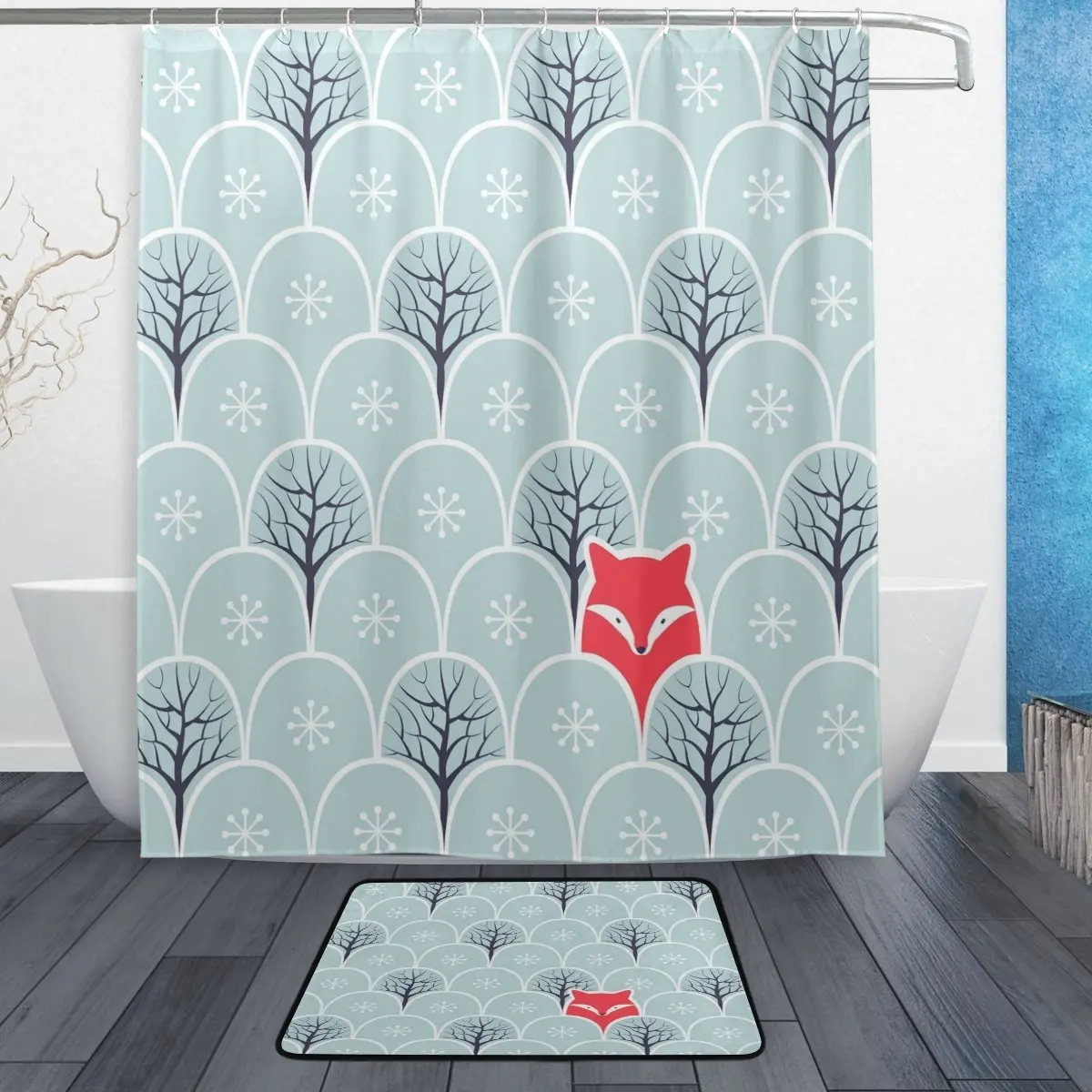 

Cute Fox in Winter Forest Tree Waterproof Polyester Fabric Shower Curtain with Hooks Doormat Bath Floor Mat Bathroom Home Decor