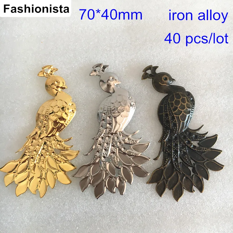 

40 pcs Metal Stamping Crafted Peacock Charms,70*40mm,Gold-color,Steel color,Bronze,Handmade Jewelry Findings,Decorative Material
