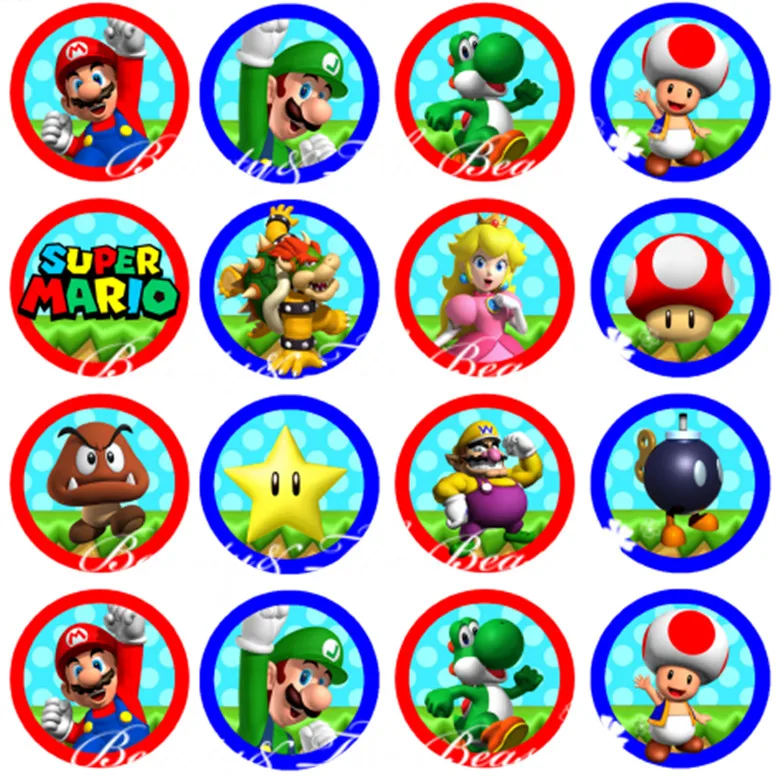 Super Mario Bros Stickers, Cupcake Toppers, Verjaardagspartij kinderen