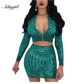 

Adogirl 2017 Women Spring Autumn SequinsTwo Piece Set Mini Dress Sexy Zipper Up Sexy V Neck Bodycon Women 2 Pieces Skirts