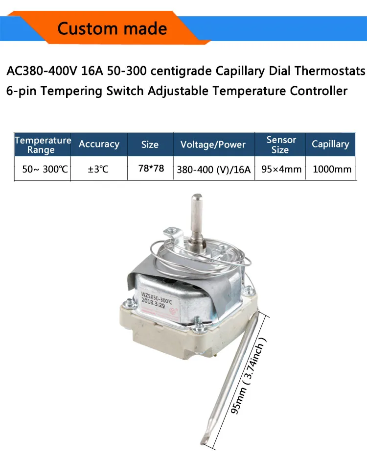 В переменного тока, 50-300 по Цельсию капиллярные термостаты 6-pin отпускной переключатель переменного тока 380V настраиваемый регулятор температуры нормально закрытый
