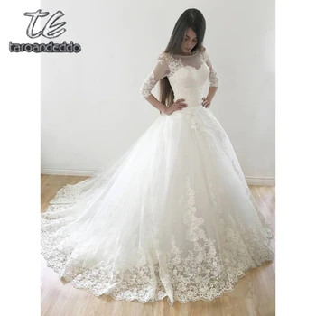 

Scoop Wedding Dresses Quarter Sleeves Applique Tulle Illusion Floor Length Sweep Train Bridal Ball Gown Dress Vestido De Noiva