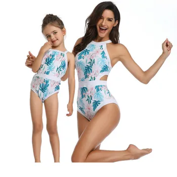 

Mommy and Me Swimsuit Panda in Mother Daughter Swimsuit printing piece double lotus leaf Parent-Child Swimwear Family matching