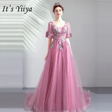 Пром платья с короткими рукавами-Line It's YiiYa, Длина пола Церемониальный шлейф бисером, V-образным вырезом, на заказ Большой размер, длинное вечернее платье, E244,Лето