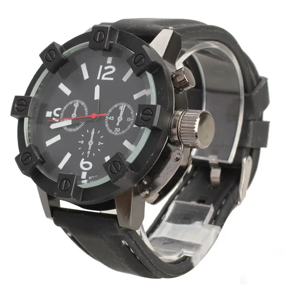 

High Quality Men Sport Large Round Long Pointer Dial Quartz Black Rubber Strap Wrist Watch For Boyfrined LL