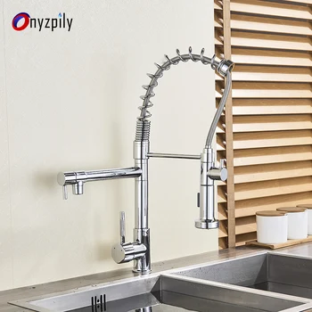 

Onyzpily Chrome Spring Kitchen Faucet Unique Spout Modern Solid Brass with Sharp Handle Mixer Sink Tap Hot And Cold Water