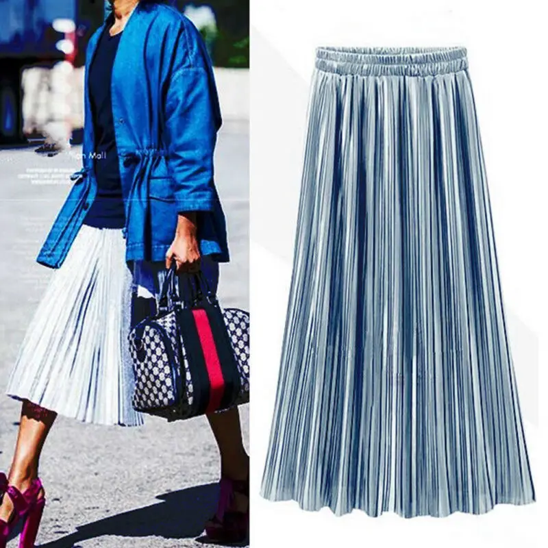 

Spring Summer Pleated Skirt Womens Vintage High Waist Skirt Solid Long Skirts New Fashion Metallic Skirt Female
