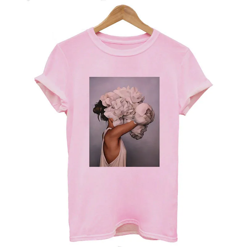 

Character Aesthetic Print Female T-Shirt Floral Graphic T Shirt Summer Women 2019 O-Neck Casual Pink Harajuku Tops Tee Shirt