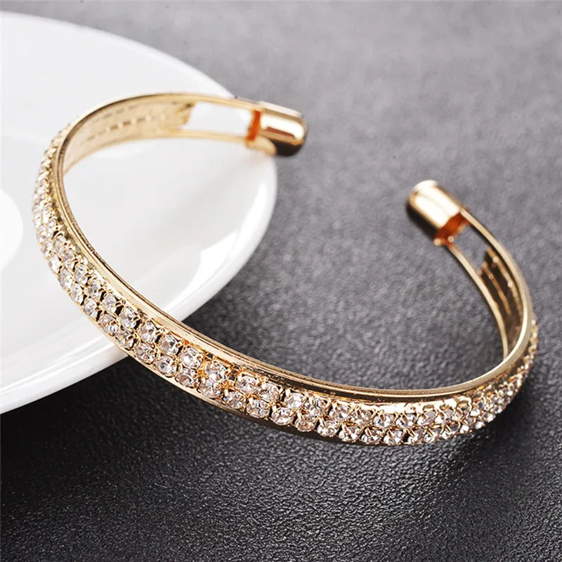 ROMAD 2 Rows Opening Bracelets Women Crystal Rhinestone Bangle Wristband Cuff Open Bracelets Wedding Party Charms Jewelry R1