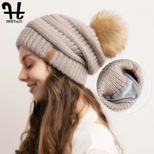 FURTALK, зимняя шапка бини для женщин, вязаная помпон, мешковатая шапка, бини, Skullies, бархатная подкладка, женская теплая мягкая шапка, Корейская Красная шапка