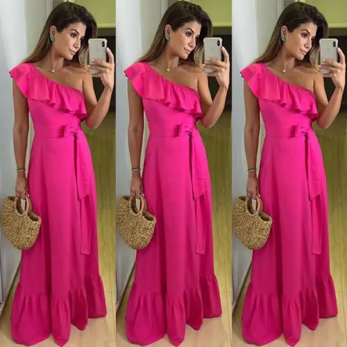 

Stylish Simple Sexy Women Oblique Single-Shoulder Asymmetrical Lace Up Ruffles Slim A-line Long Dress Party Club Dress S-XL