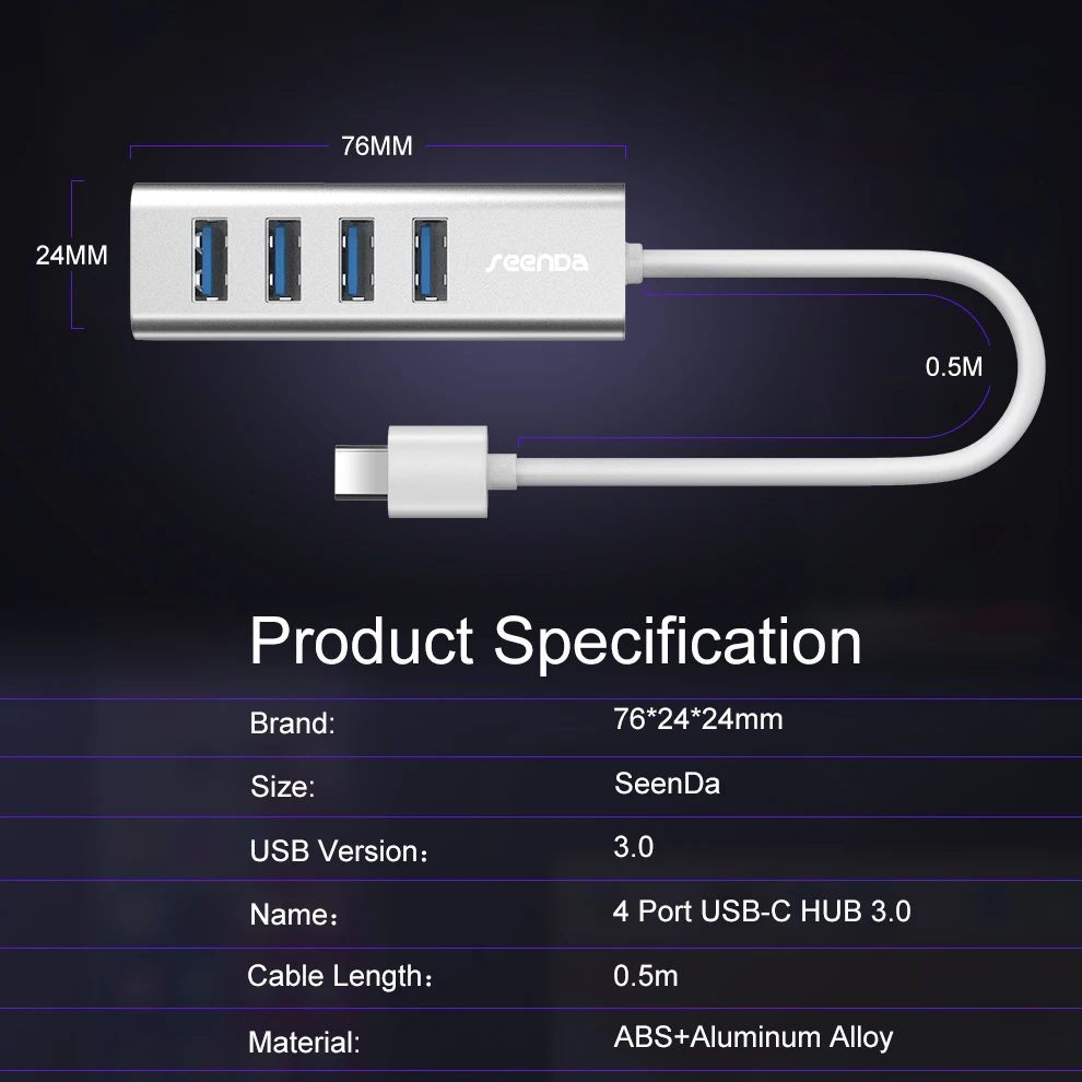 SeenDa type C 3,0 usb-хаб, алюминиевый сплав, 4 порта, высокая скорость зарядки, синхронизация, передача данных, разветвитель, переключатель для Mac, книга, планшет, ПК