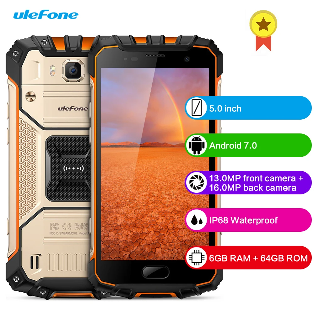 

Ulefone Armor 2 4G Smartphone 5.0 Inch 6GB RAM 64GB ROM Android 7.0 Octa Core 2.6GHz IP68 Waterproof NFC 16MP Mobile CellPhone