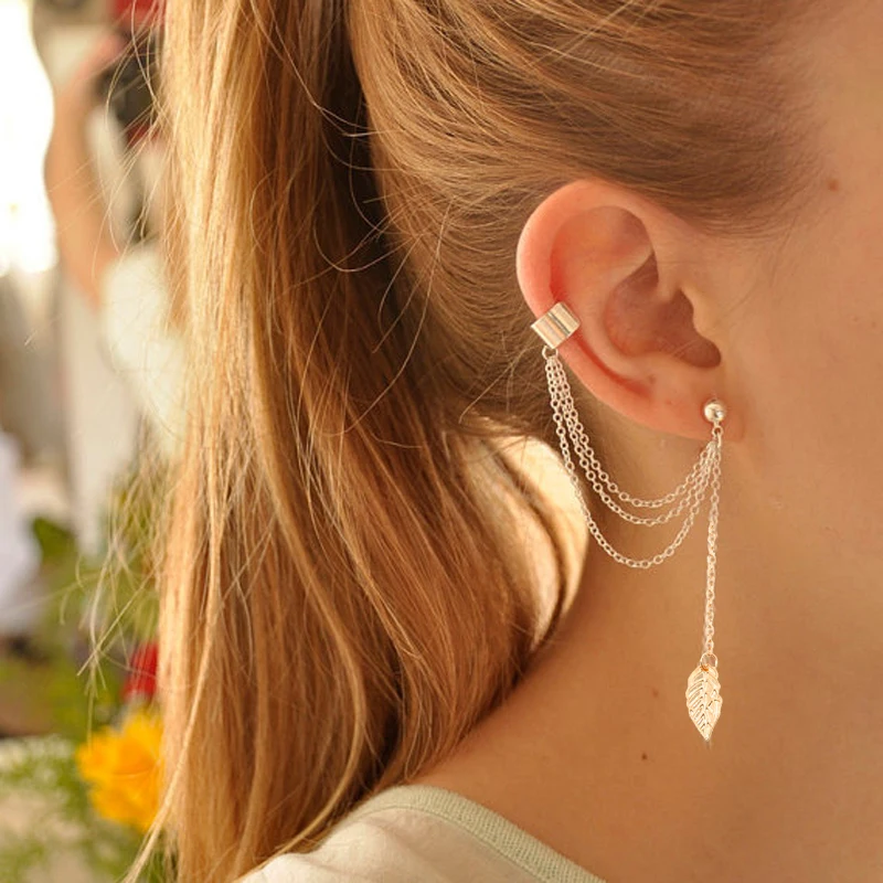 

2019 Single New Fashion Earrings Long Ear Clips Circle Earrings Gothic Jewelry Glamour Metal Leaf Fringe Women Elegant Earrings