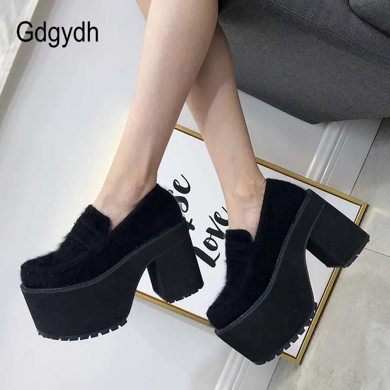 Gdgydh 2019 الربيع أحذية امرأة كتلة كعب الأحذية منصة الشتاء الخريف Shearling الفراء السيدات حذاء كاجوال الضحلة نوعية جيدة