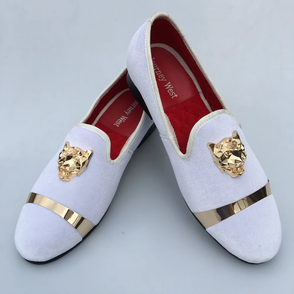 New Handmade Men Velvet Loafers Shoes White Slippers with Gold Buckle ...