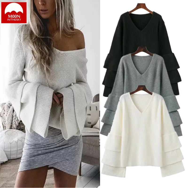 MOON IN THE SKY The New Bell Sleeve Warm Sweater Woman Autumn And Winter Knitting Shirt Solid Color MY-005 | Женская одежда