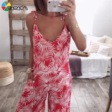 Women Sexy V Neck Summer Sling Leaf Print Backless Loose Boho Jumpsuit Plus Size S-2XL Lacing Beach Party Wide Leg Long Pants