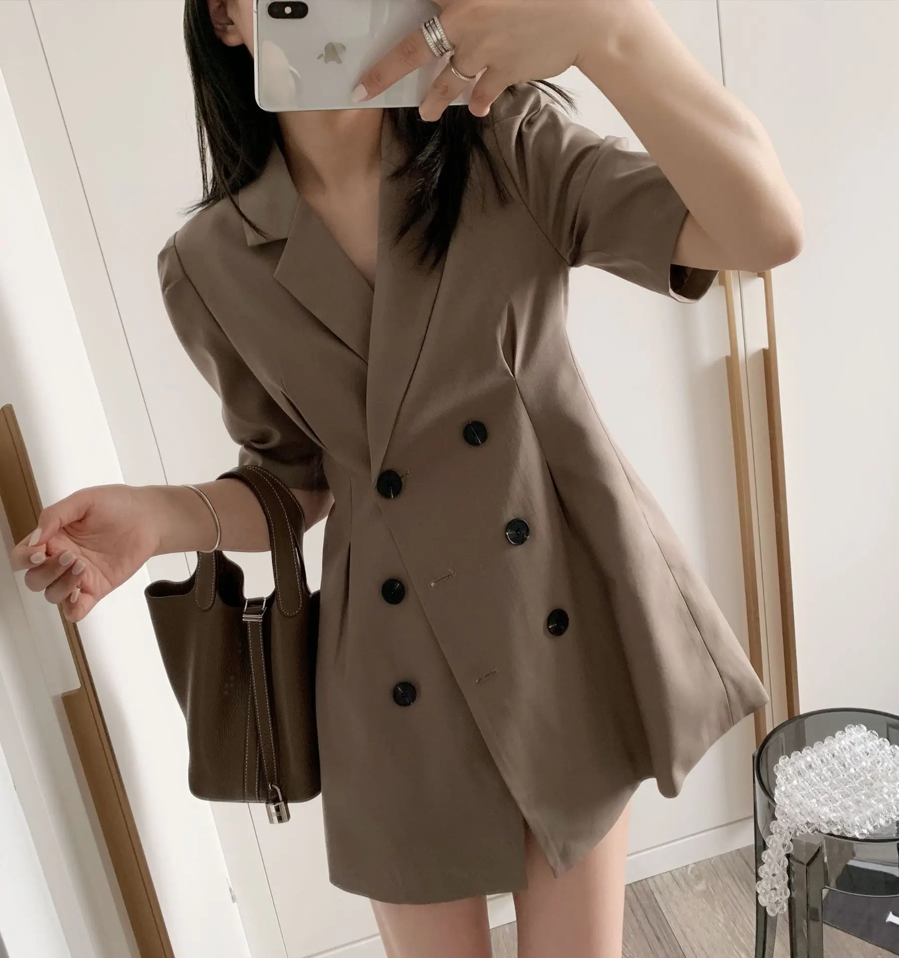 1 Suit-style skirt commuter double-breasted fashion dress new summer French style Hepburn wind OL temperament coat - Color: 1