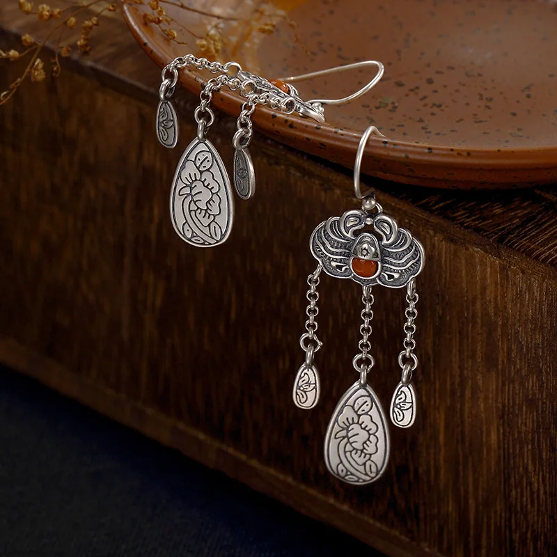 2018 Real New Arrival Brinco S925 Sterling Antique Old Inlaid South Peony Flower Fu In Front Of Ladies Earrings Wholesale | Украшения и