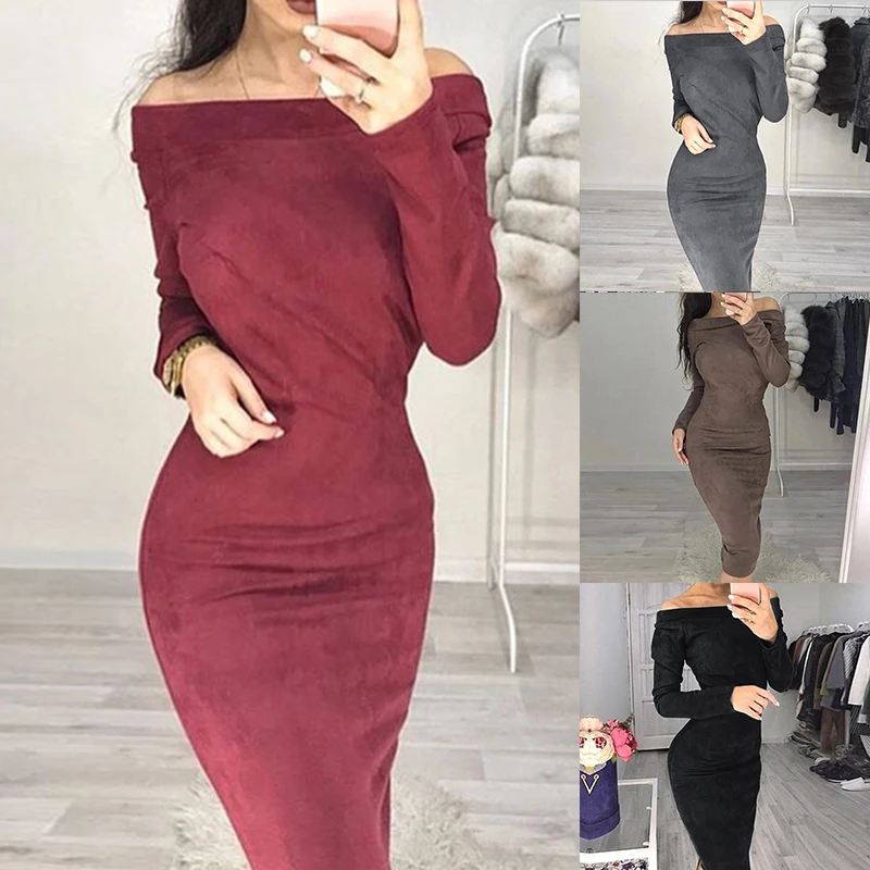 2018 Sexy Bodycon Off Shoulder Autumn Winter Women Dress Female Womens Holiday Party Casual Dresses Femme Solid Color Vestidos