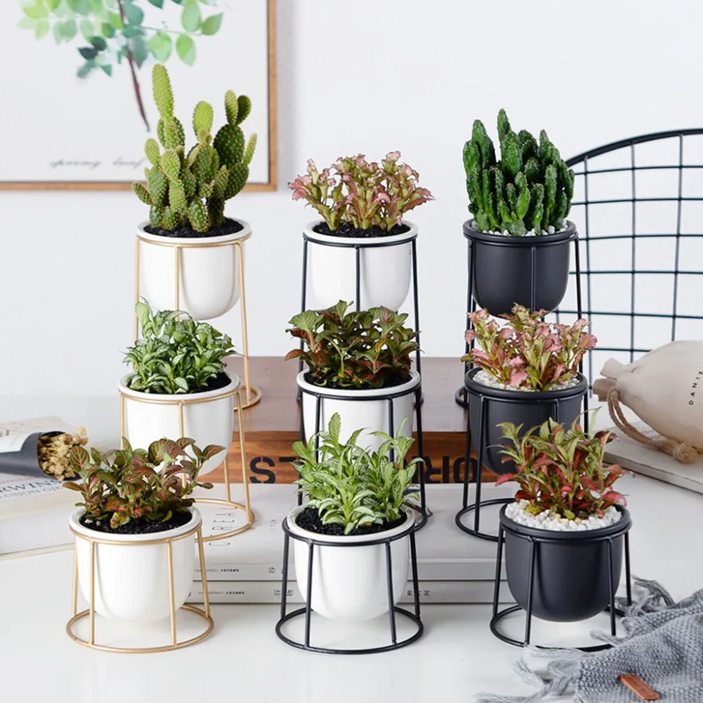 

OOTDTY Nordic Classic Ceramic Flower Pot Planter And Geometric Round Iron Rack Stand Anti-rust Holder Display Home Decoration