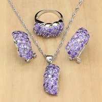 Натуральный 925 Серебряный ювелирный набор, фиолетовый камень, белый кристалл для женщин, серьги/кулон/кольца/браслет/ожерелье, набор