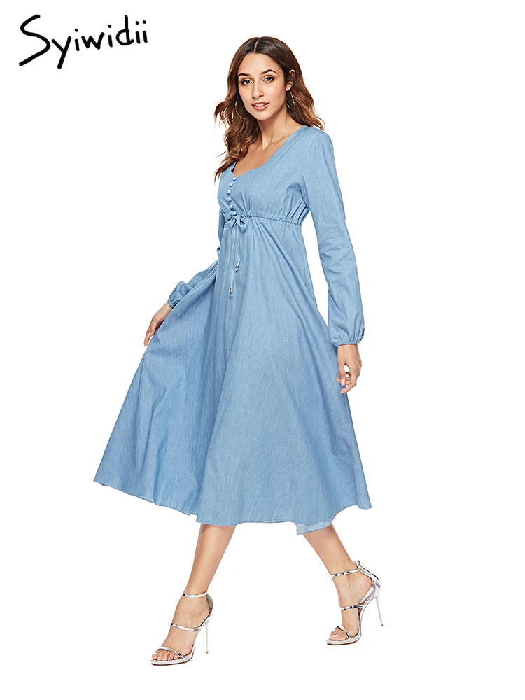 Fashion Denim Jeans Dress Women Long Sleeve Lace Up Waist Midi Dresses Party Casual Elegant French Women Dress 2019 Cotton Dress