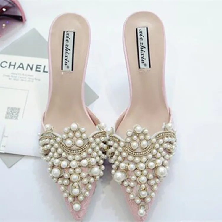 

Classics Fashion Casual Closed Toe Slides for Women Solid String Bead PU Slippers Summer Closed Toe High Thin Heels Shoes