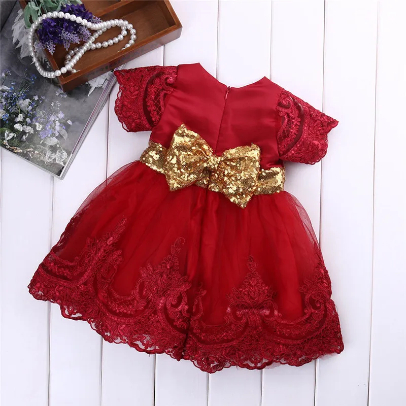 Популярное милое кружевное платье принцессы с цветочным бантом для маленьких девочек - Цвет: Red 0 To 6 Months