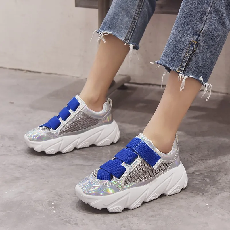 

New Women Chunky Sneakers 2019 Spring Casual Platform Sneakers Harajuku Platform Dad Shoes Hook&Loop White Sneakers