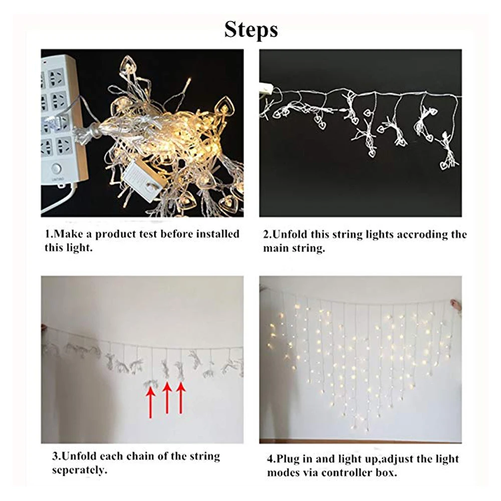 В форме сердца 128 светодиодный окна Шторы светильник s с 8-ю разъемами светильник ing режимов светодиодный Водопад светильник для Спальня сад вечерние Свадебные украшения
