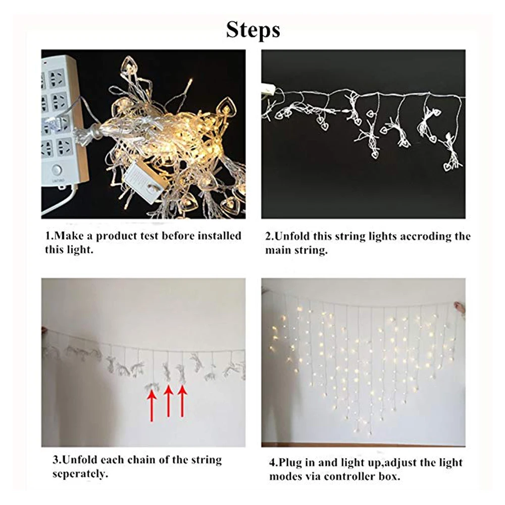 Modos de Iluminação Festa de Casamento Forma de 128 Luzes com 8 Luz para o Quarto Coração-em Janela Cortina Cachoeira Decoração Led 4 Coração em forma de 128 led janela