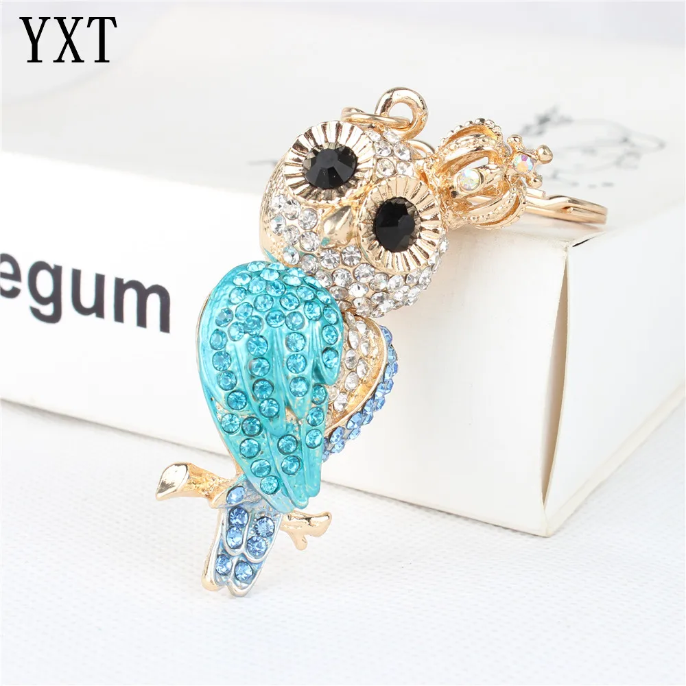 Black Crown Owl Keychain Rhinestone Crystal Keyring Bag Charming Pendant Gift
