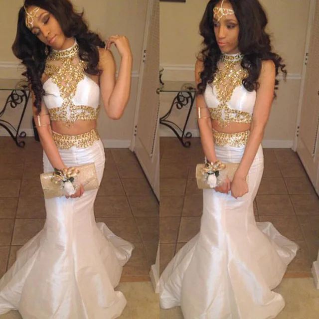 Sparkling Crystal Beaded 2 Pieces Prom Dresses with Rhinestones White and Gold Sexy Long Evening Party Dress | Свадьбы и торжества