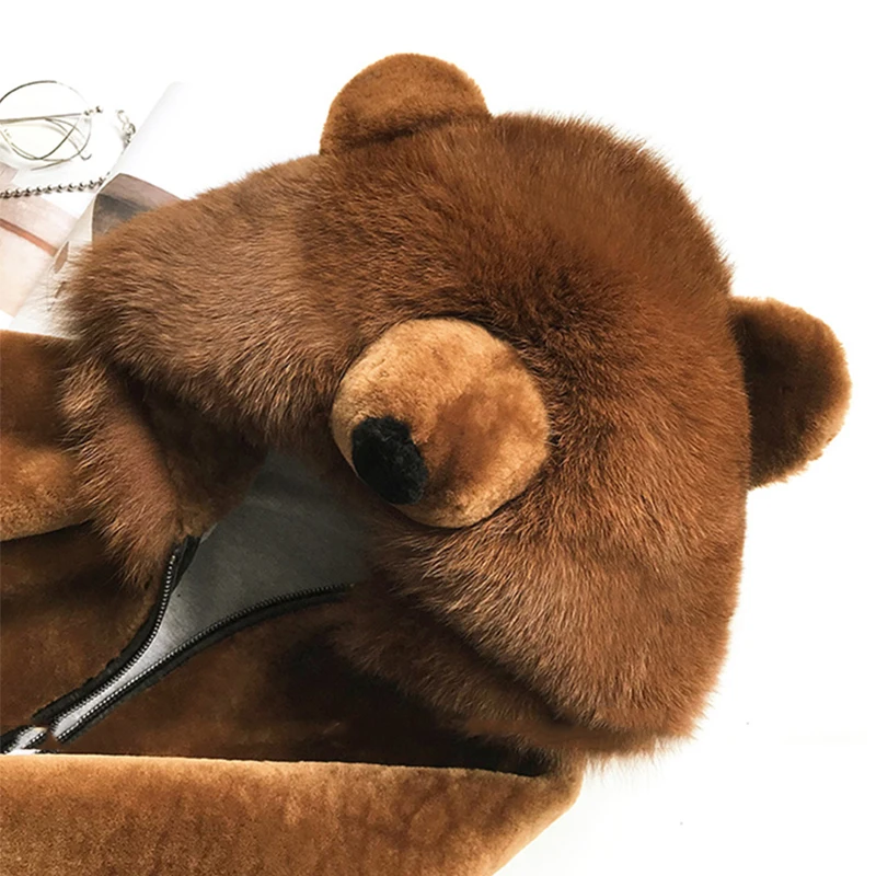  LVCHI Winter 2019 Bear Hat Real Lamb Fur Coats Lattern Real Natural Fox Fur Coat Women's With glove
