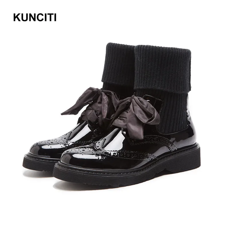 

2019 KUNCITI Patent Leather Women Chelsea Boots Patchwork Ladies Med Heel Ankle Booties Autumn Winter Newest Warm Boots D568