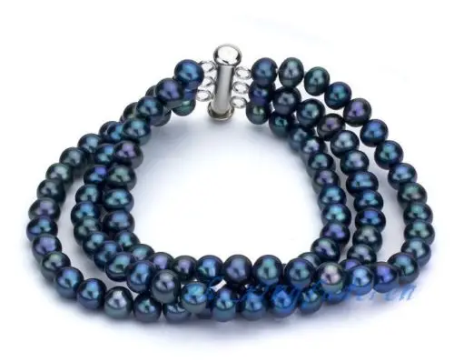 

3 rows excellent peacock blue 7-8mm genuine pearl noble women's gift bracelet@^Noble style Natural Fine jewe SHIPPING 6.2