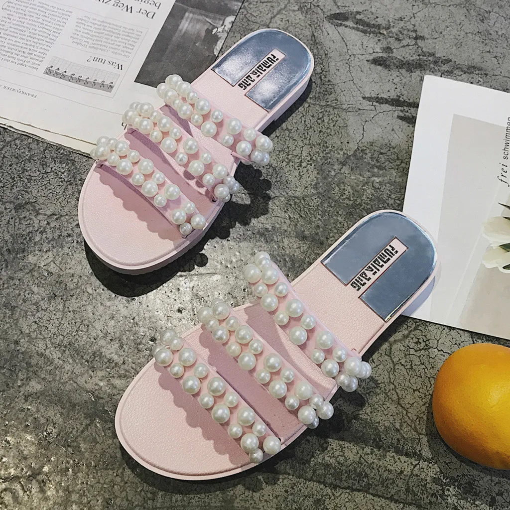 

Summer Pearl Flat Beach Sandals Party shoes Fulgurant Pearl Sandals thin Belt Roman Flat Women Flip Flops Casual Flat Slippers