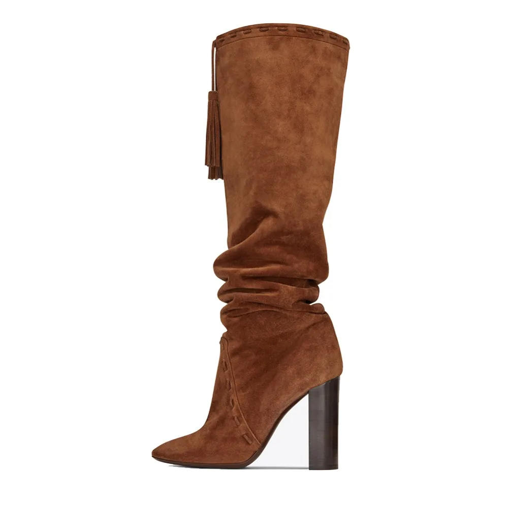 

2018 Womens Square Heel Platform Fringe Lace-up Winter Boots Plus Size Suede Leather Knee High Chunky Heel Casual Ladies Shoes