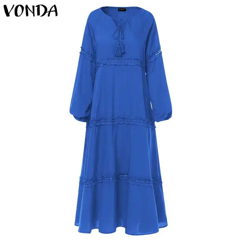 VONDA богемное женское длинное платье макси, Осеннее сексуальное платье с рукавом-фонариком и v-образным вырезом, открытые тонкие пляжные платья, повседневные свободные платья размера плюс - Цвет: Blue