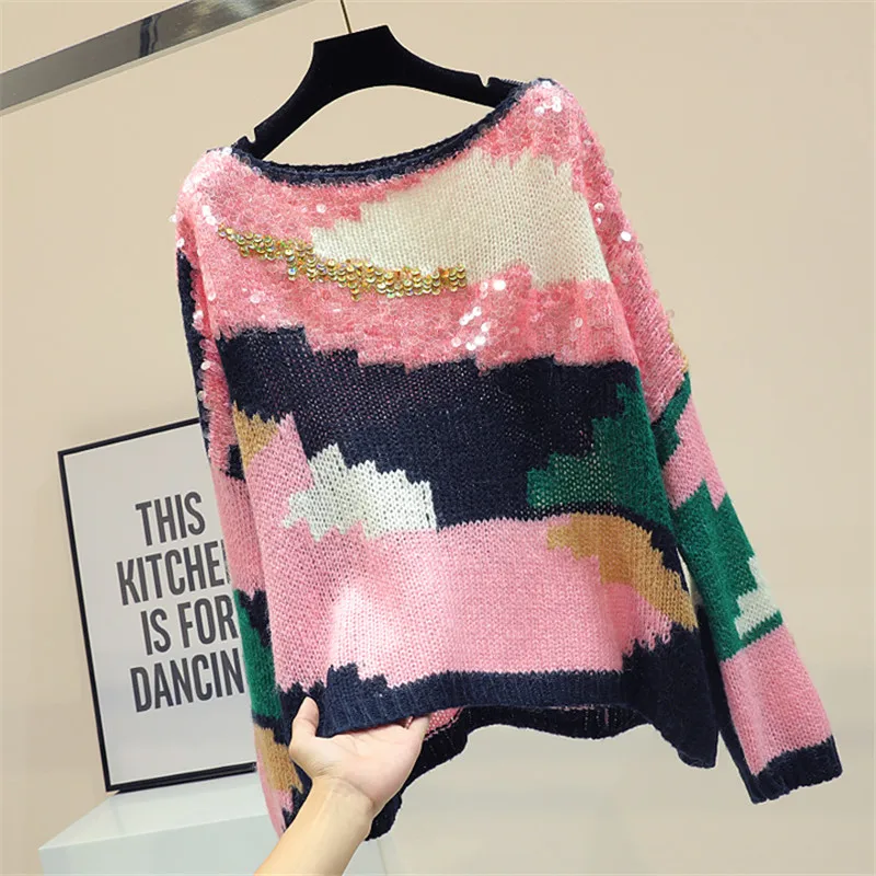 MUMUZI, пуловер, женский джемпер, свитер с круглым вырезом, женский джемпер, женский теплый свитер, розовый, с блестками, вязаный свитер большого размера