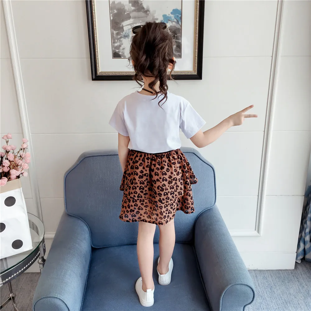 Fashion Children Clothing Set For Girls Clothes 2019 Summer Letter Tshirts Tops Leopard Chiffon Skirt 2Pcs Casual Kids Suit 3-9Y (7)
