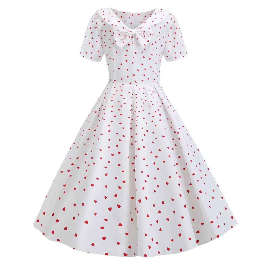 

Women Doll Neck Short Sleeves Tied Up Princess Dress Heart Printing Back Bowknot Hepburn Party Large Plus Size Zipper Dresses