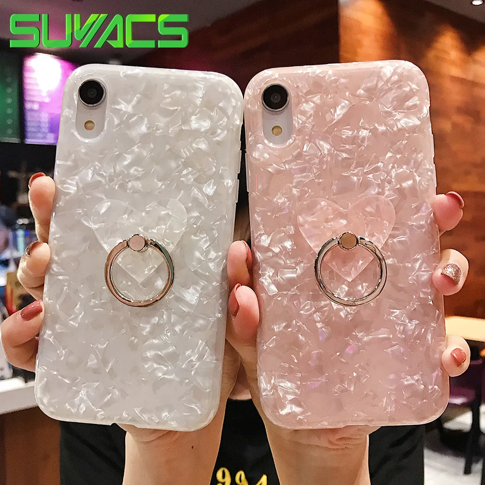 

SUYACS Glossy Dream Shell Phone Case For iPhone 7 8 Plus X XS MAX XR 6 6S Soild Color Love Bear Kickstand Soft IMD Back Cover