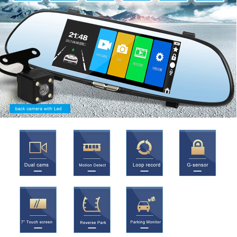 

7" touch screen rearview mirror dash camera dual cams HD1080P car video recorder motion detection & parking monitor mirror car D