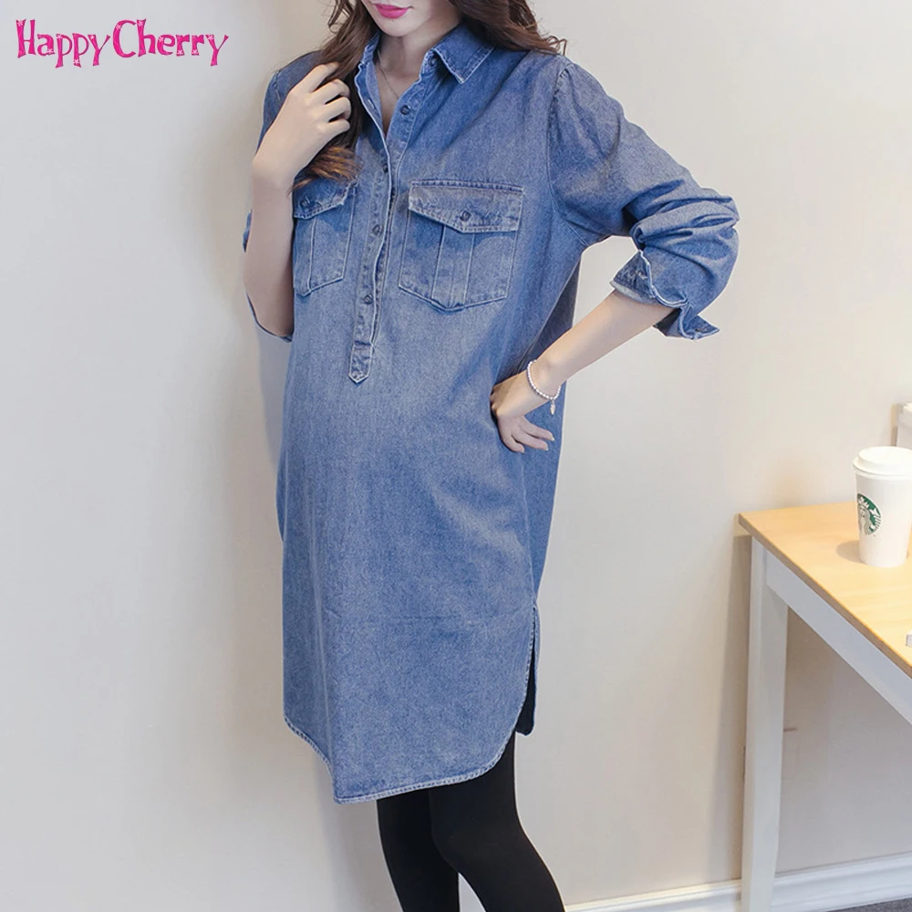 

Happy Cherry Maternity Spring Denim Pregnant Shirt Dress Women Long Sleeve Blue Cowboys Lapel Dress For Pregnant Pregnancy Dress