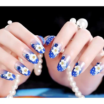 

Classical Blue Color Fake Nails DIY 3D Flower Design Nail Art Tips with Glue Girls Shining Rhinestone French Style Fake Nail