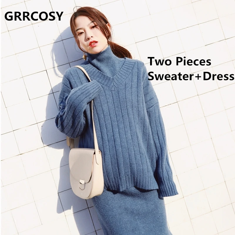 

GRRCOSY 2pcs Knitted Maternity Sweate + Dress Korean Clothing Autumn Winter Clothes For Pregnant Women Pregnancy Dress